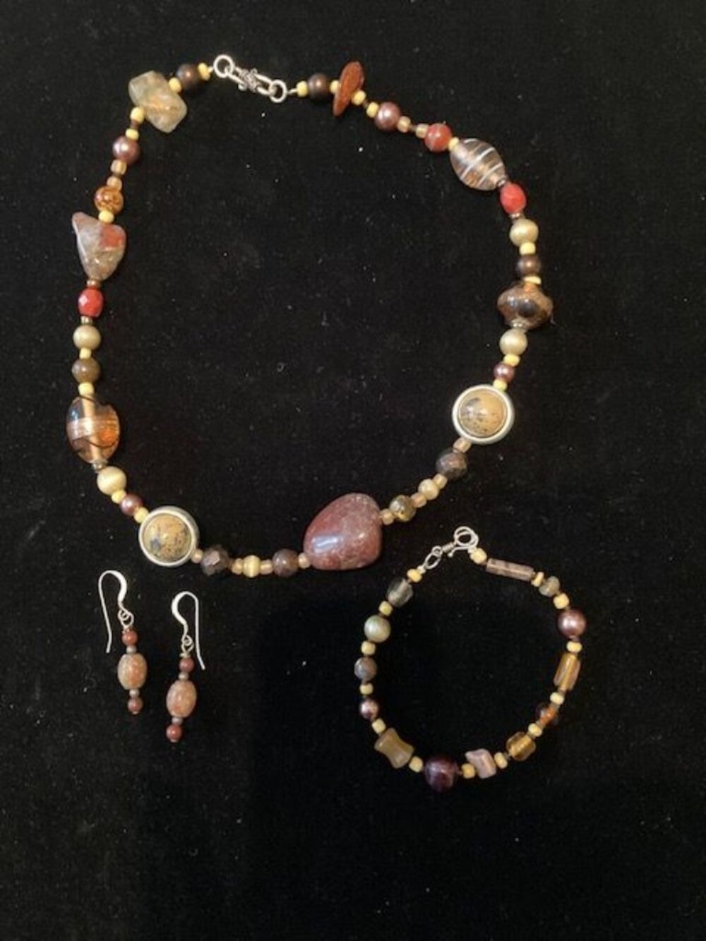 Multi Shades of Brown Stones Beaded Necklace, Bracelet and Earring Set